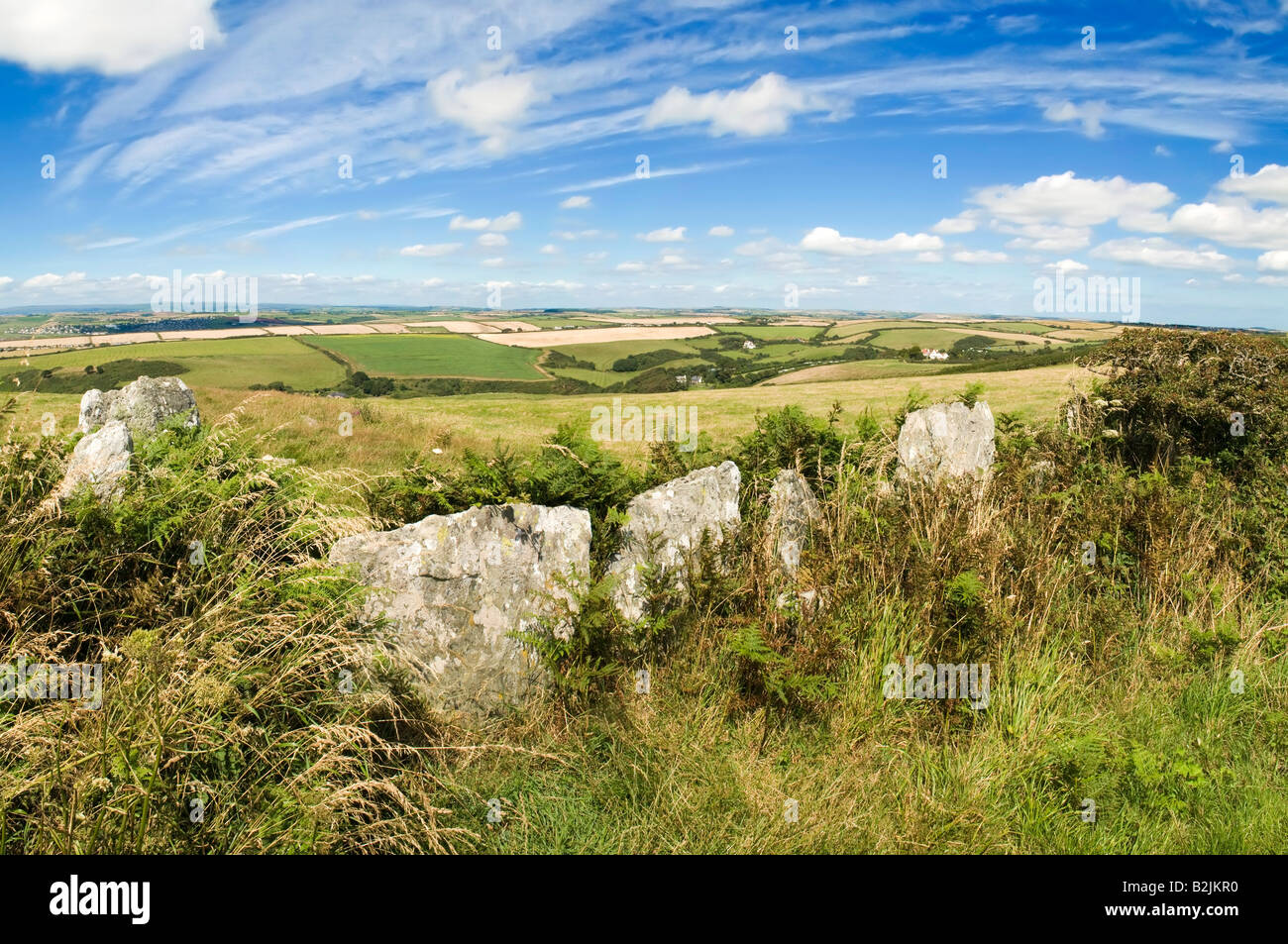 view over devon countryside with fields and farmland Stock Photo