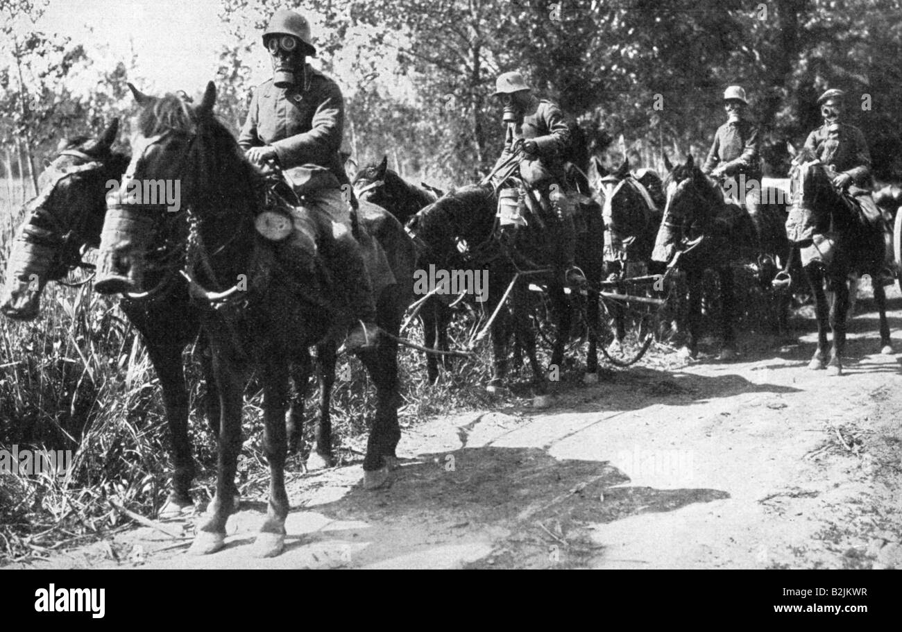 events, First World War / WWI, Western Front, German horse artillery in a gas contaminated forrest, Aisne area, France, 1917, Stock Photo