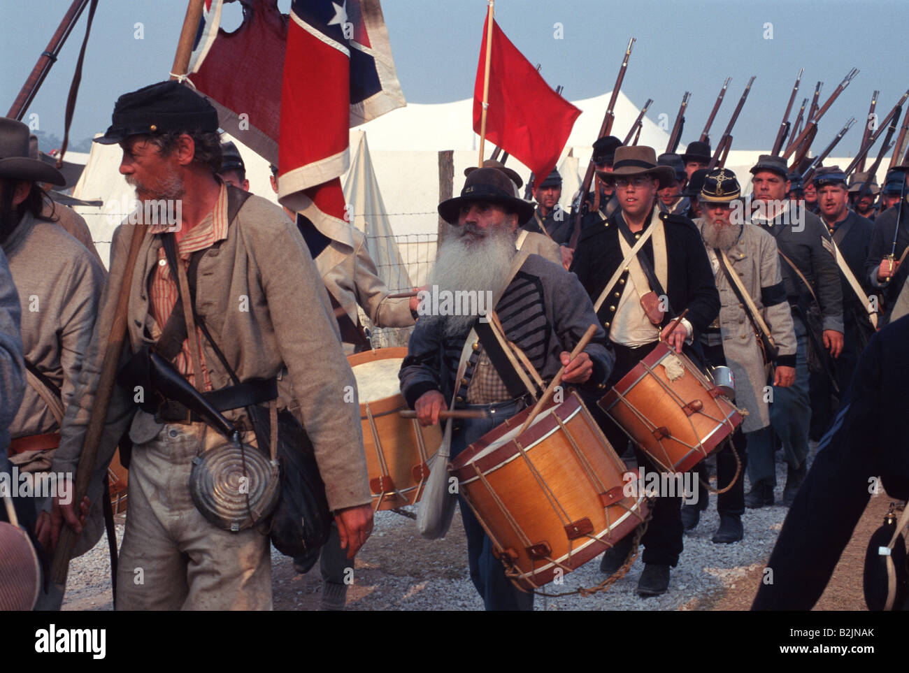 Confederate troops marching from the field at the re-enactment of the battle of Gettysburg Stock Photo