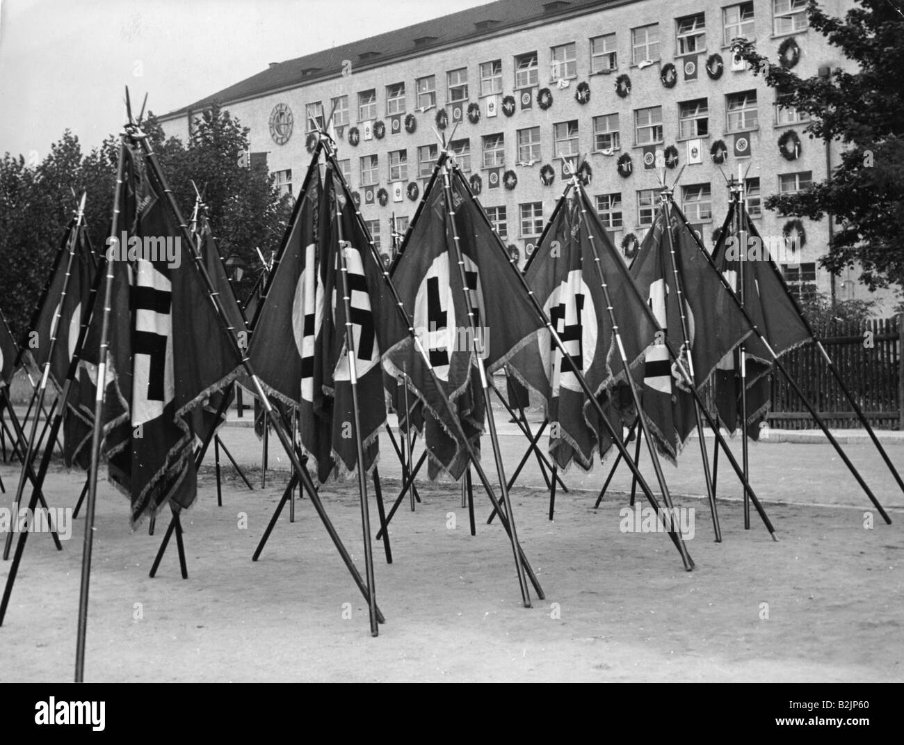 Nazism / National Socialism, Nuremberg Rallies, 'Rally of Labour', 6.9.1937  - 13.9.1937, pyramids with flags in front of the accomodation of East Prussia Gau delegation, , Stock Photo
