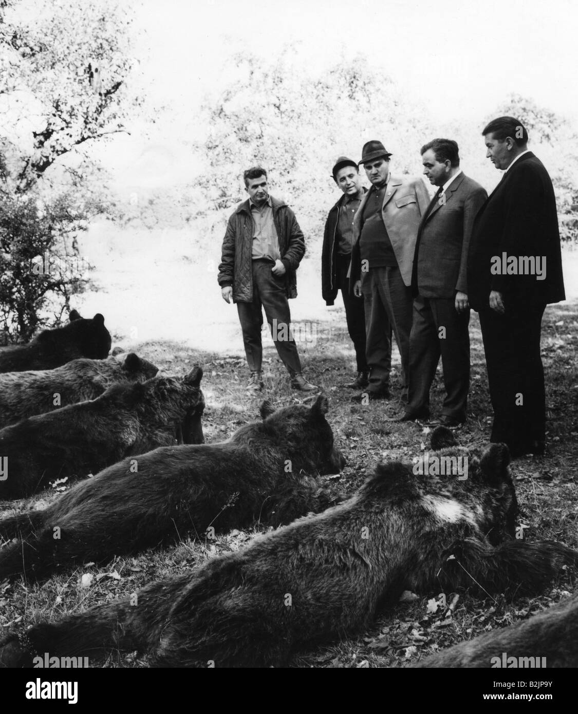 Ceausescu, Nicolae, 26.1.1918 - 25.12.1989, Romanian politician (PCR), President 22.3.1965 - 22.12.1989, hunting with foreign ambassadors, quarry, circa 1970, Stock Photo
