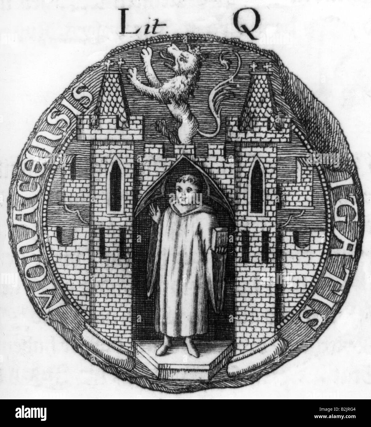 heraldry, seals, Germany, Munich, city seal 1388, copper engraving, 18th century, monk, middle ages, Bavaria, 14th century, historic, historical, medieval, ...
