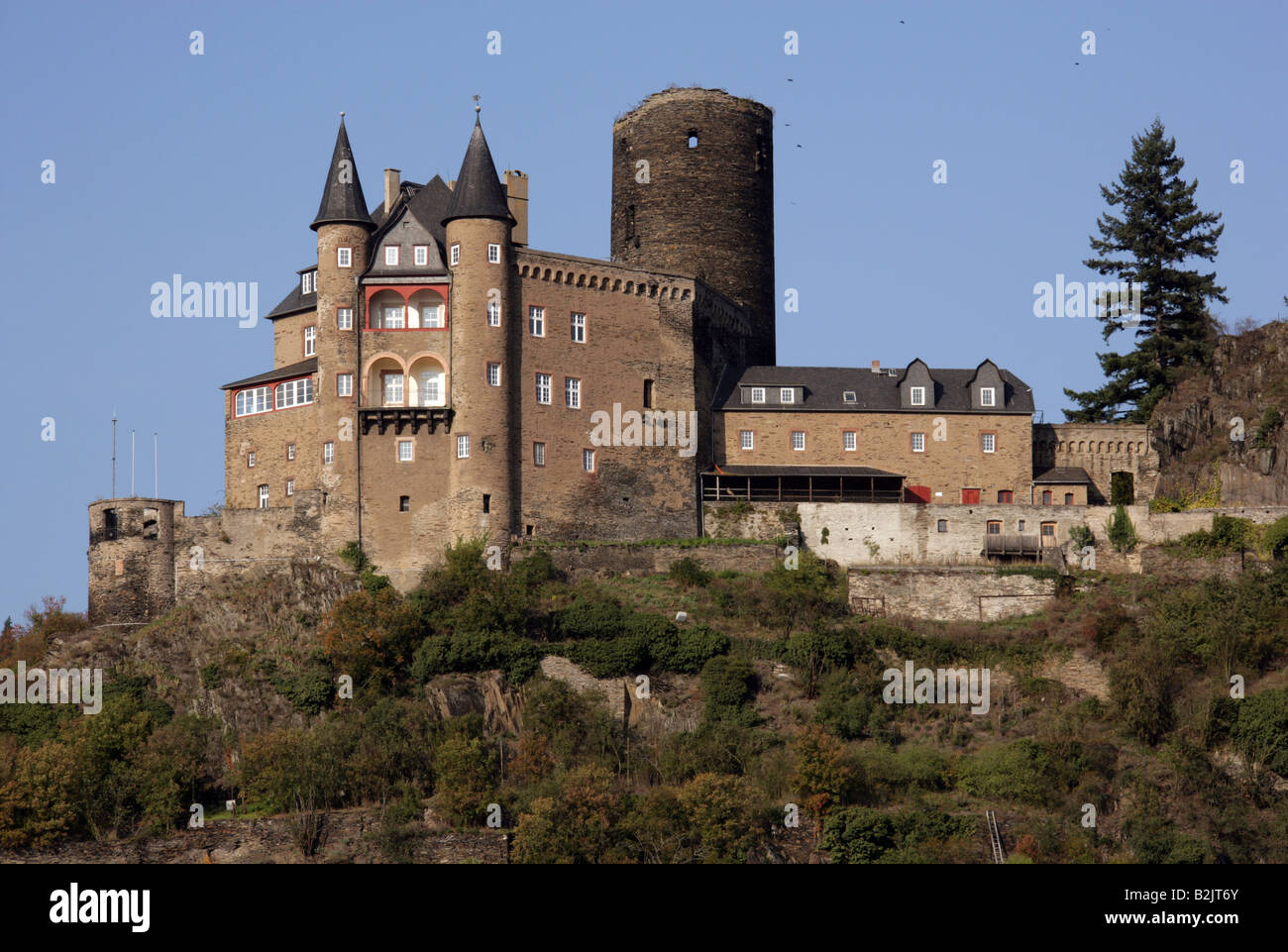 architecture, castles, Germany, Rhineland-Palatinate, Burg Katz near St. Goarshausen on the Rhine, built: 1371 by Count Wilhelm II of Katzenelnbogen, exterior view, , Additional-Rights-Clearance-Info-Not-Available Stock Photo