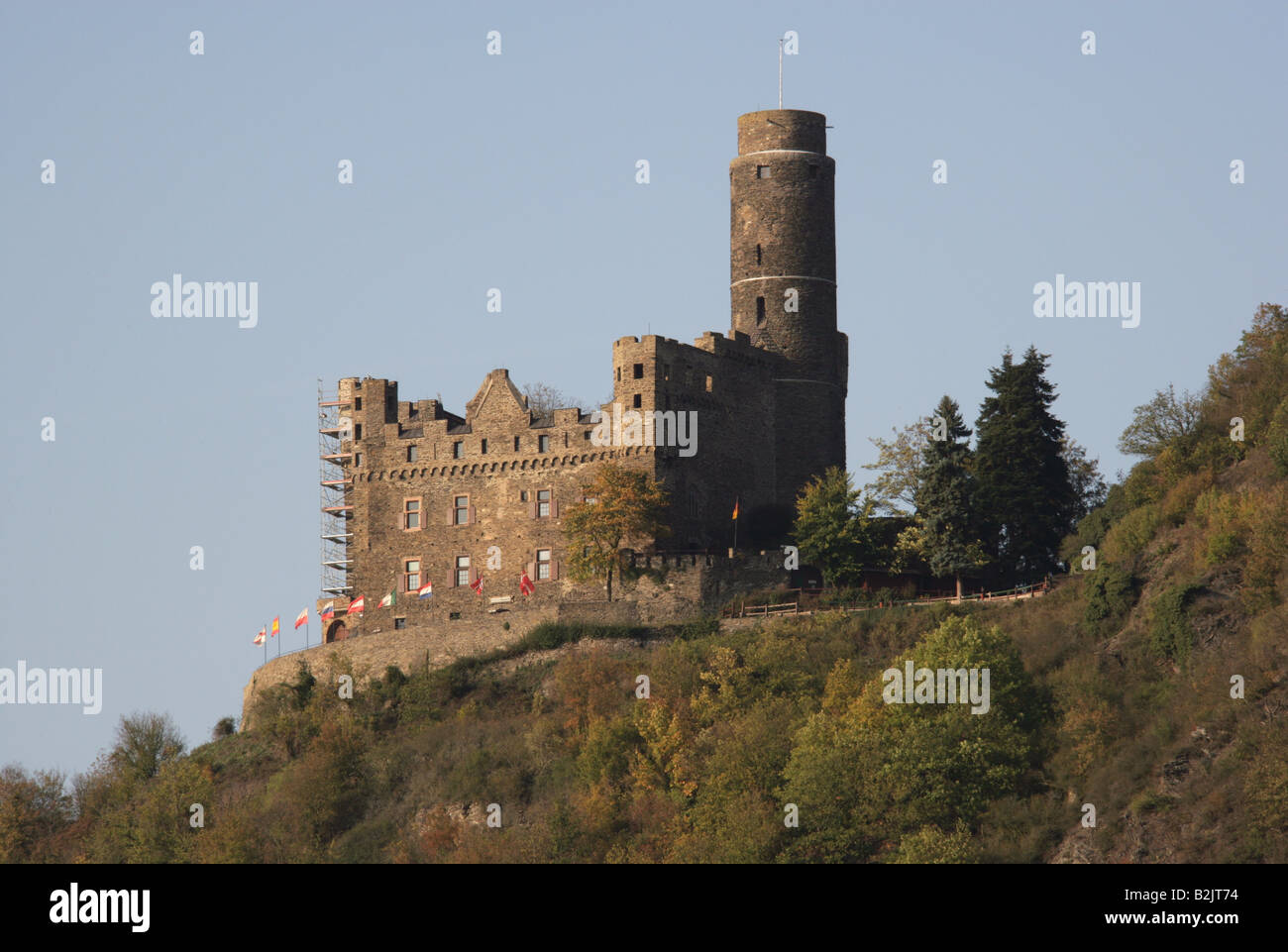architecture, castles, Germany, Rhineland-Palatinate, Burg Maus near St. Goarshausen on the Rhine, built: 1353, rebuilt: 1900 - 1906 by Wilhelm Gärtner, exterior view, , Additional-Rights-Clearance-Info-Not-Available Stock Photo