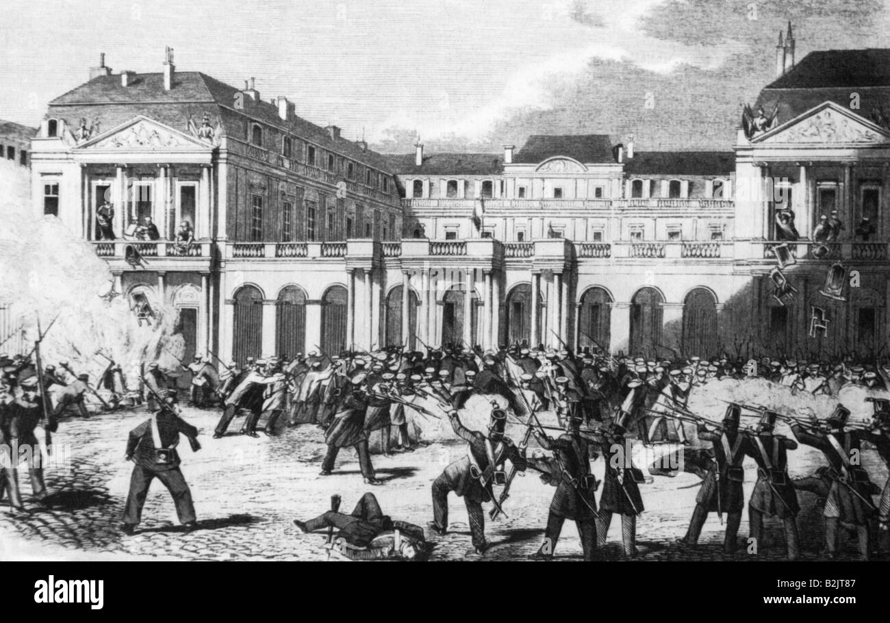 events, revolutions 1848 - 1849, Italy, uprising in Palermo, steet fighting, 13.1.1848, wood engraving, 19th century, Kingdom of Both Sicilies, Sicily, revolution, revolutionaries, military, soldiers, historic, historical, Risorgimento, people, Stock Photo