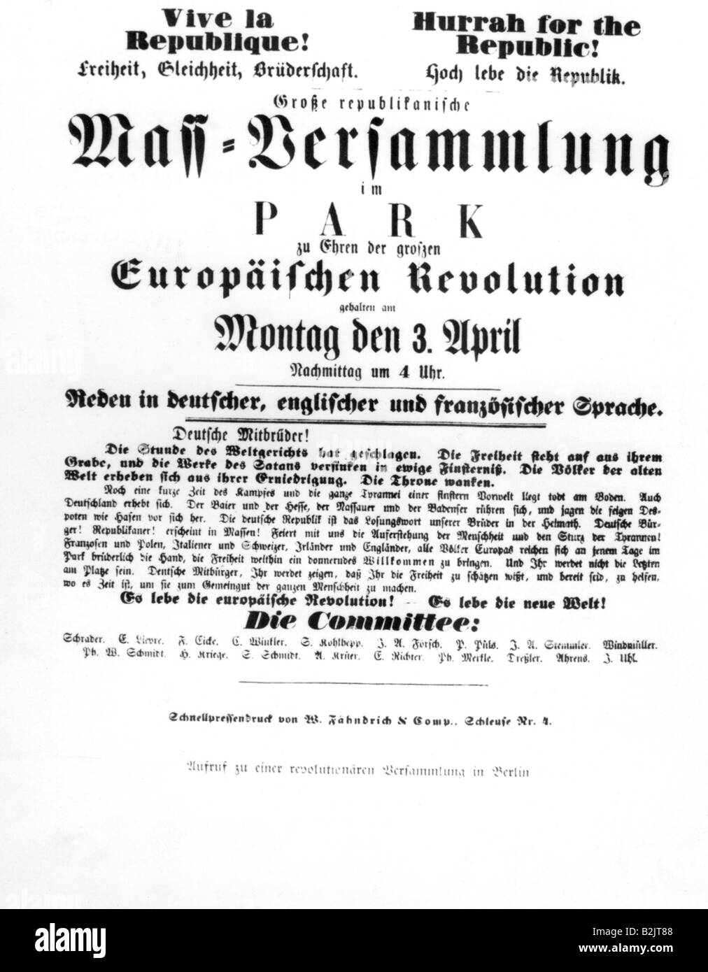 events, revolutions 1848 - 1849, Germany, Prussia, poster, mass meeting in Berlin, 3.4.1848,  Europeanm revolution, 19th century, historic, historical, Stock Photo