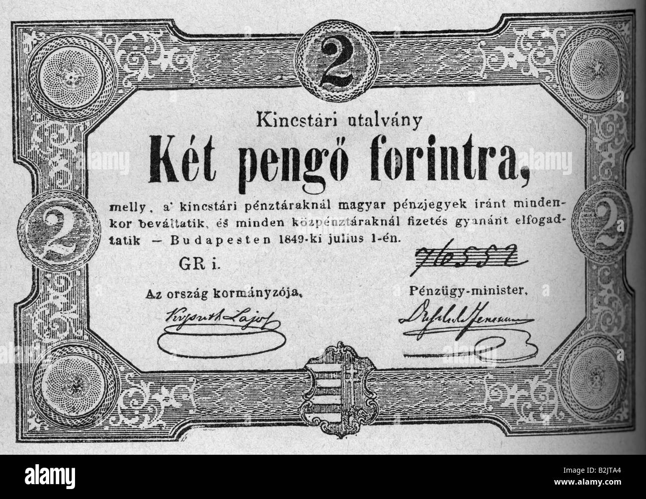 money, bank notes, Hungary, 2 Forint, Budapest, 1.7.1849, wood engraving, 19th century, numismatics, introduced by Lajos Kossuth, designed by Vincenz Grimm, revolution, 1848, note, historic, historical, Stock Photo