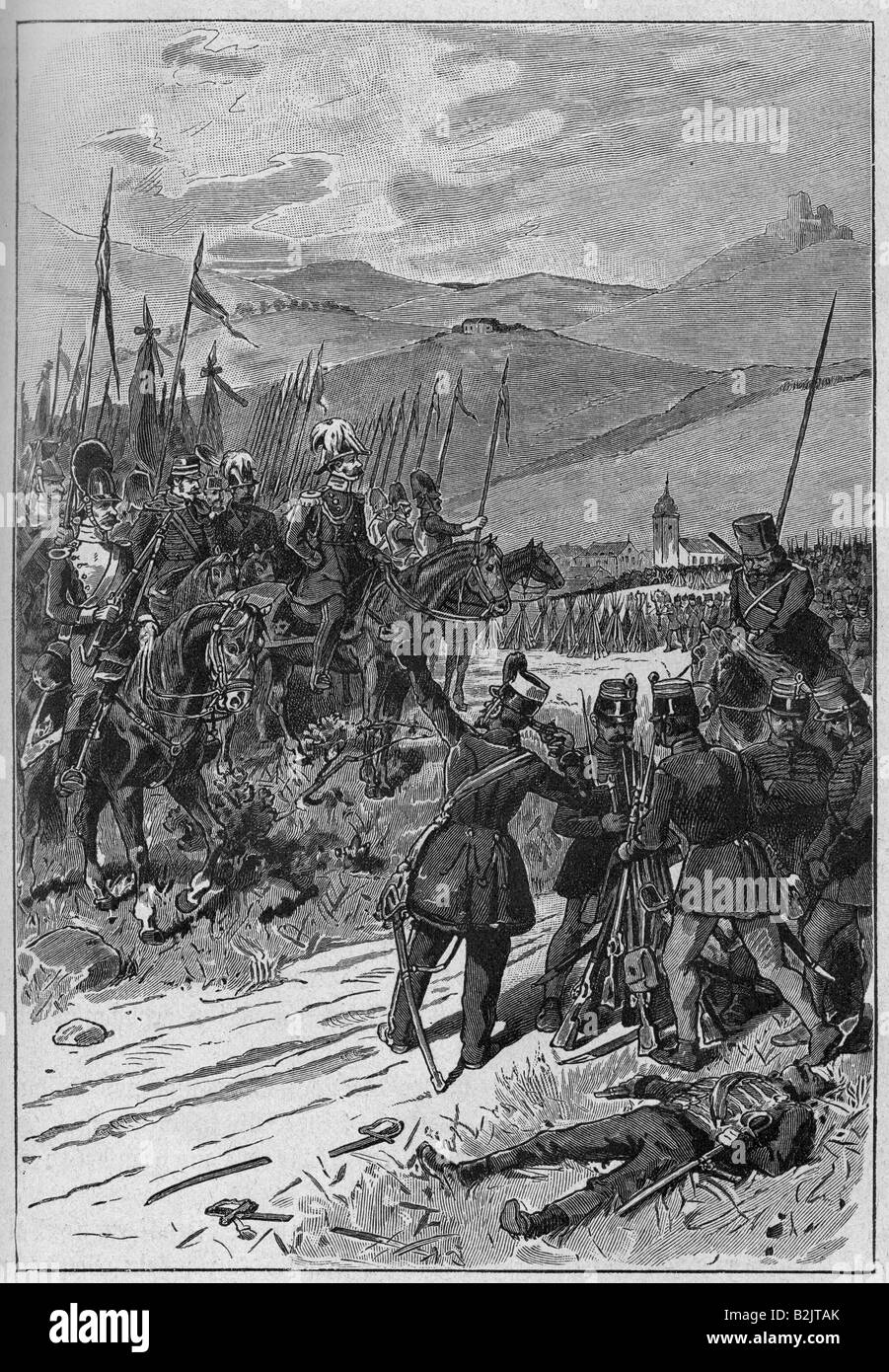 events, revolutions 1848 - 1849, Germany, Hungary, surrender of the Hungarian army at Vilagos, 13.8.1849, wood engraving, 1893, Russians, General Ivan Paskevich, Russian intervention, soldiers, military, revolution, 19th century, historic, historical, people, Stock Photo
