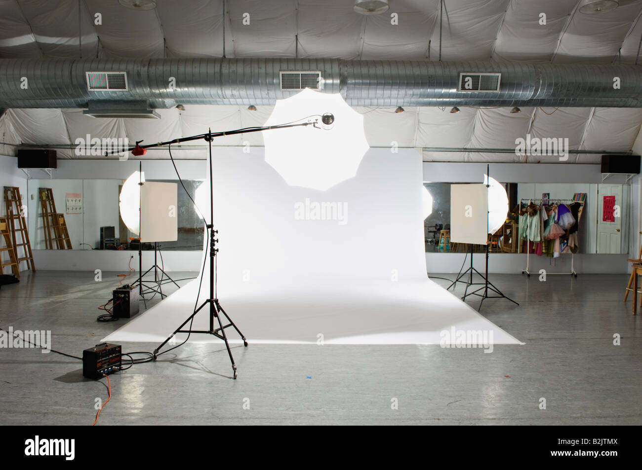 Photo Studio with White Backdrop and Flash Units Stock Photo