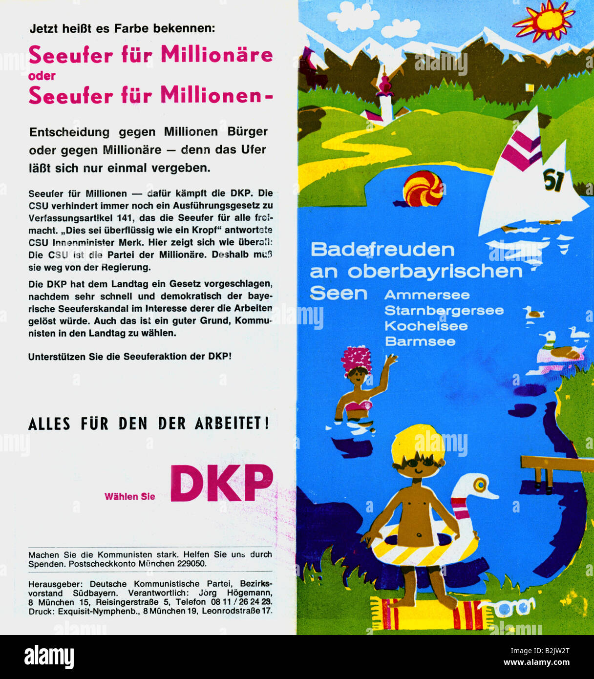 geography / travel, Germany, politics, parties, German Communist Party (Deutsche Kommunistische Partei, DKP), flyer, "Bathing fun at the Upper Bavarian Lakes", Munich, circa 1970, , Stock Photo