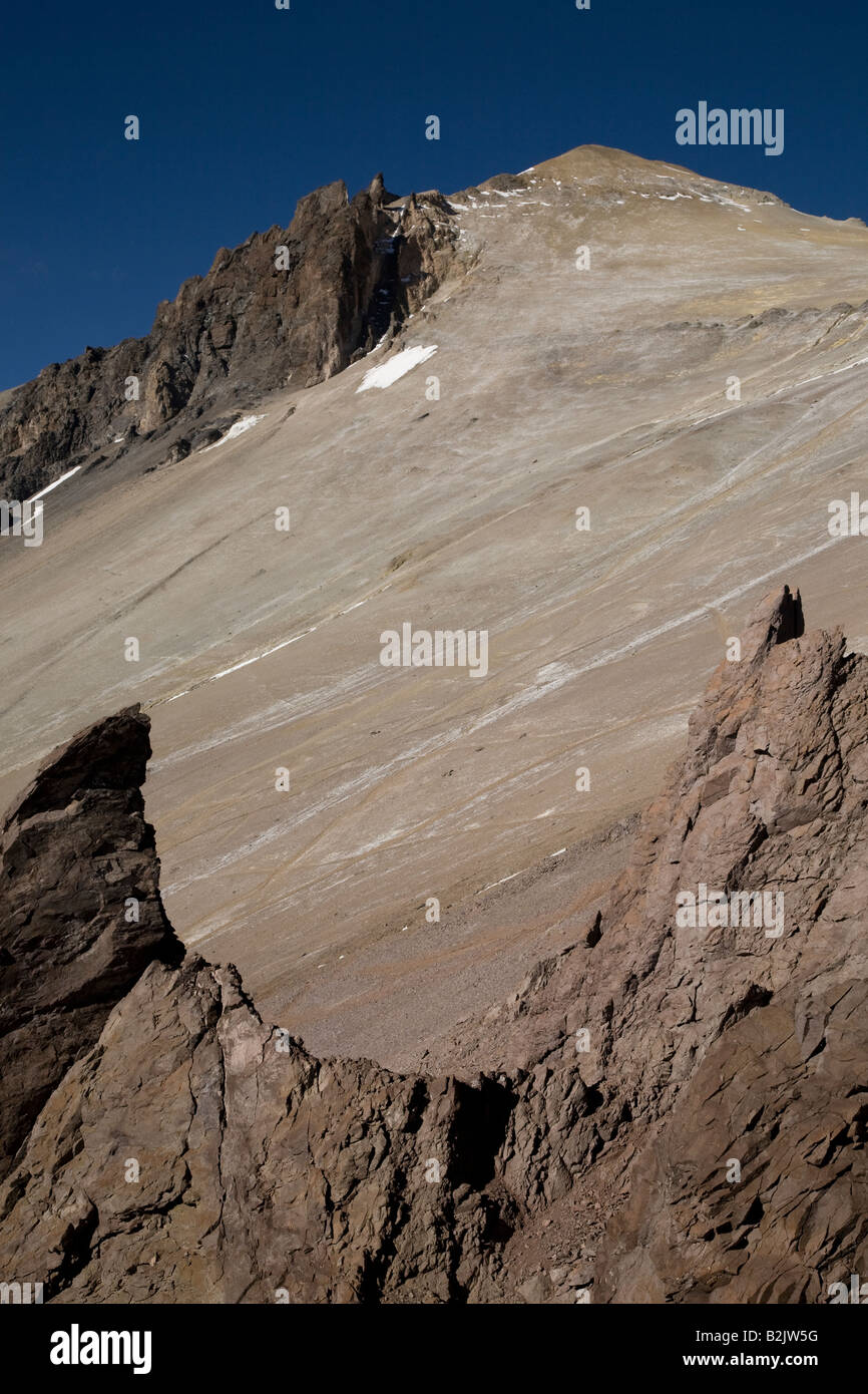Crescent shaped rock formation on Mount Aconcagua, in Argentina Stock Photo