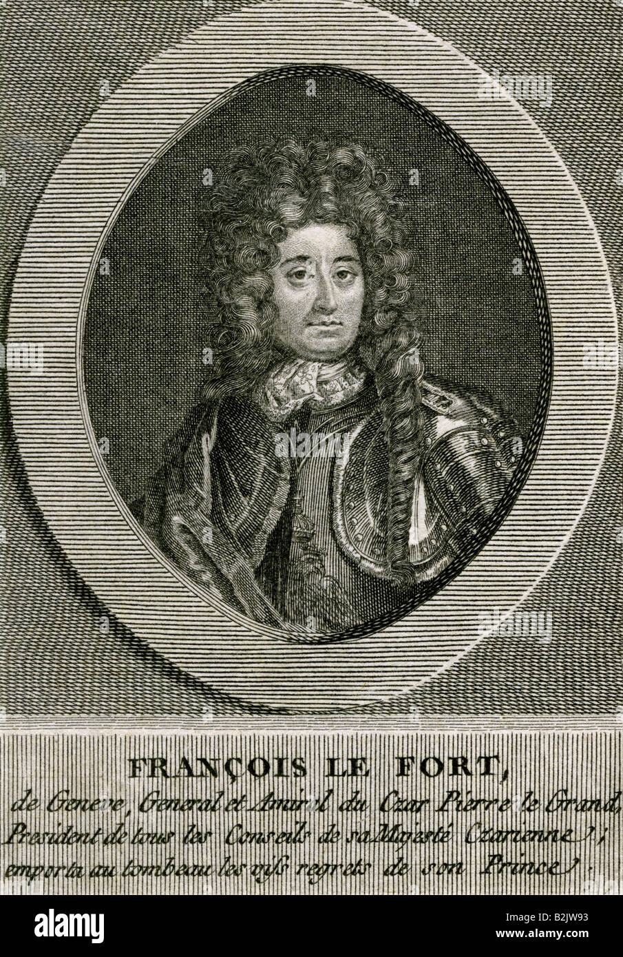 Lefort, Franz, 2.1.1656 - 12.3.1699, Russian politician, admiral, Swiss origin, portrait, copper engraving, by Droyer, circa 1700, Artist's Copyright has not to be cleared Stock Photo