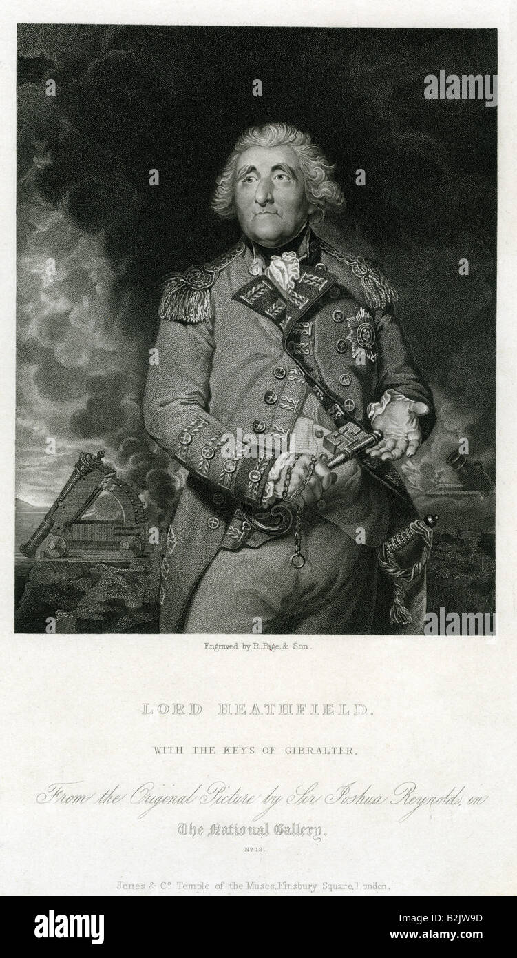 Eliott, George Augustus, 1st Baron Heathfield, 25.12.1717 - 6.7.1790, English general, half length, engraving, based on a  by Joshua Reynolds (1723 - 1792), London, England, 19th century, Stock Photo