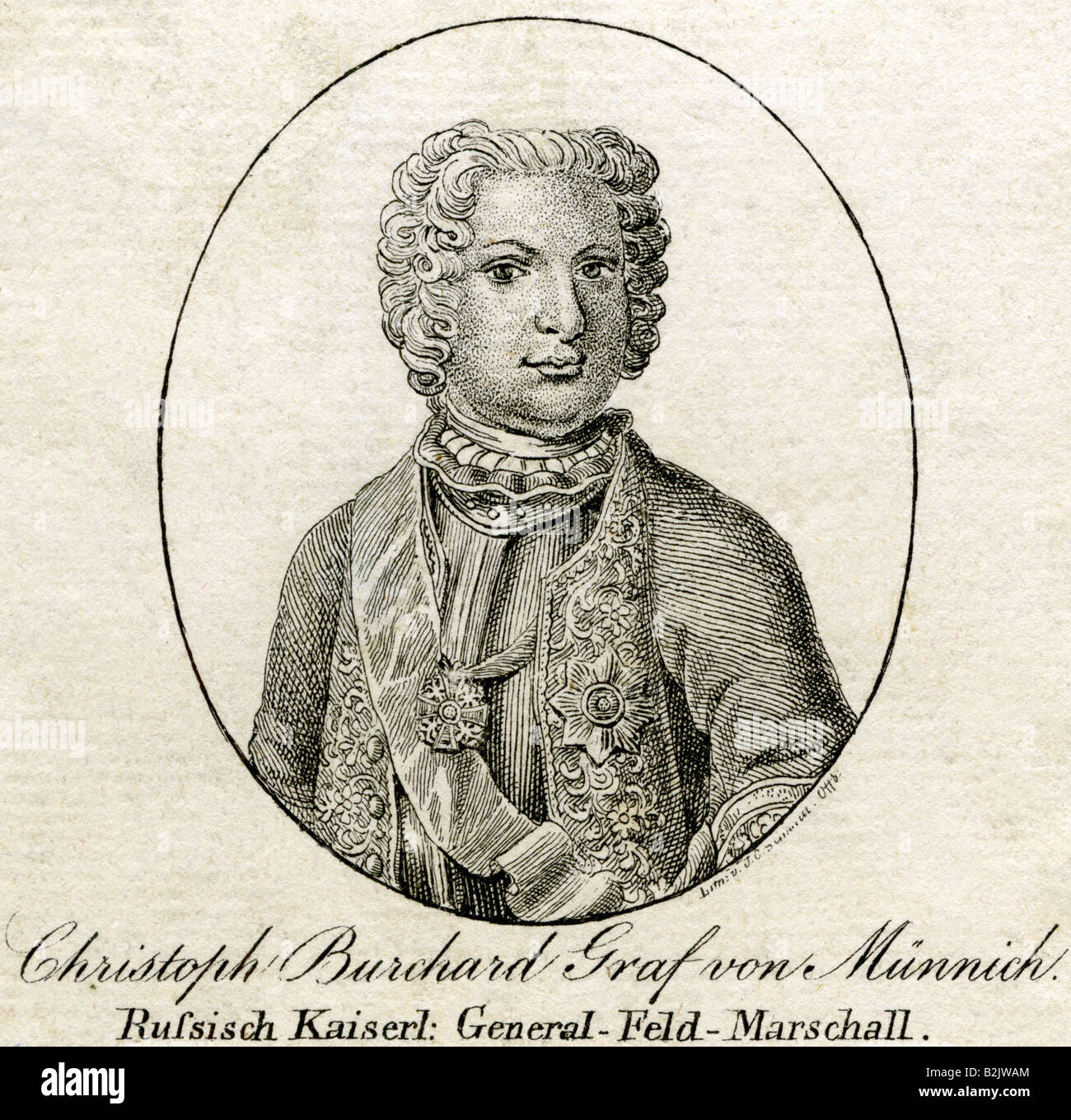 Munnich, Burkhard Christoph, count of, 19.5.1683 - 16.10.1767, German - Russian marshal, half length, lithograph, by J. C. Schmidt, Germany, 19th century, Stock Photo