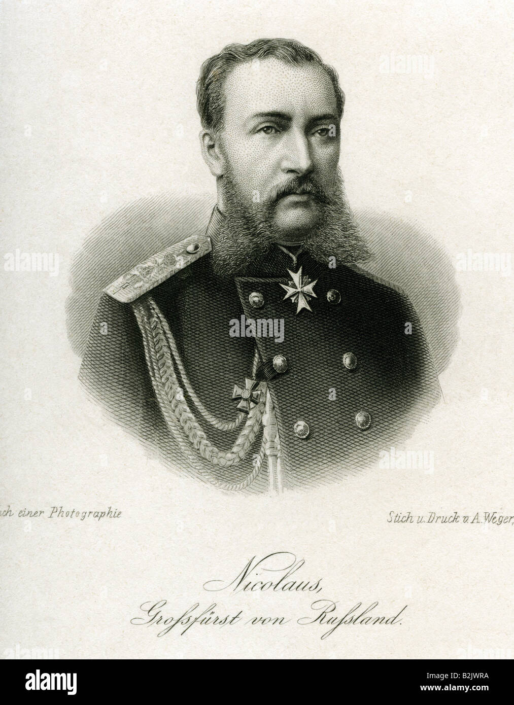 Nicholas Nikolaevich, 8.8.1831 - 25.4.1891, Grand Duke of Russia, Russian field marshal, portrait, steel engraving, based on a photograph, by A. Wegner, Leipzig, Germany, 19th century, Artist's Copyright has not to be cleared Stock Photo