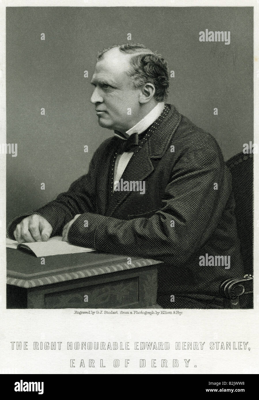 Stanley, Edward Henry, 15th Earl of Derby, 21.7.1826 - 22. 4.1893, British politician, Foreign Secretary 6.6.1866 - 9.12.1868, 21.2.1874 - 2.4.1878, half length, steel engraving by G. J. Stodart, from a photograph, England, 19th century, Artist's Copyright has not to be cleared Stock Photo