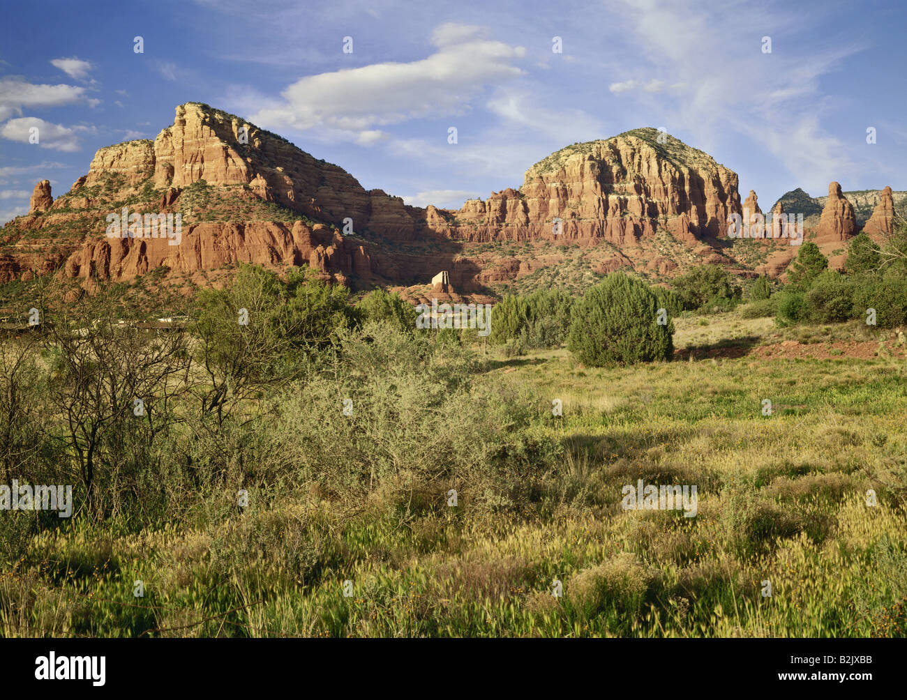 geography / travel, USA, Arizona, landscapes, Oak Creek Canyon, with church in backround, Chapel of thr Holy Cross, built 1957 by Marguerite Brunswig Staude, Additional-Rights-Clearance-Info-Not-Available Stock Photo