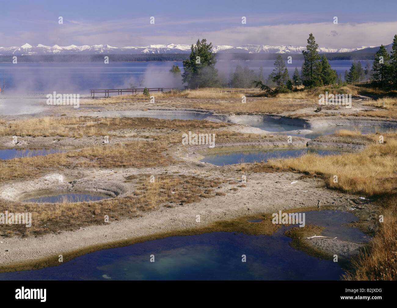 geography / travel, USA, Wyoming, landscapes, Yellowstone National Park, West Thumb Geyser Basin, Yellowstone Lake and Rocky Mountains in background, Additional-Rights-Clearance-Info-Not-Available Stock Photo