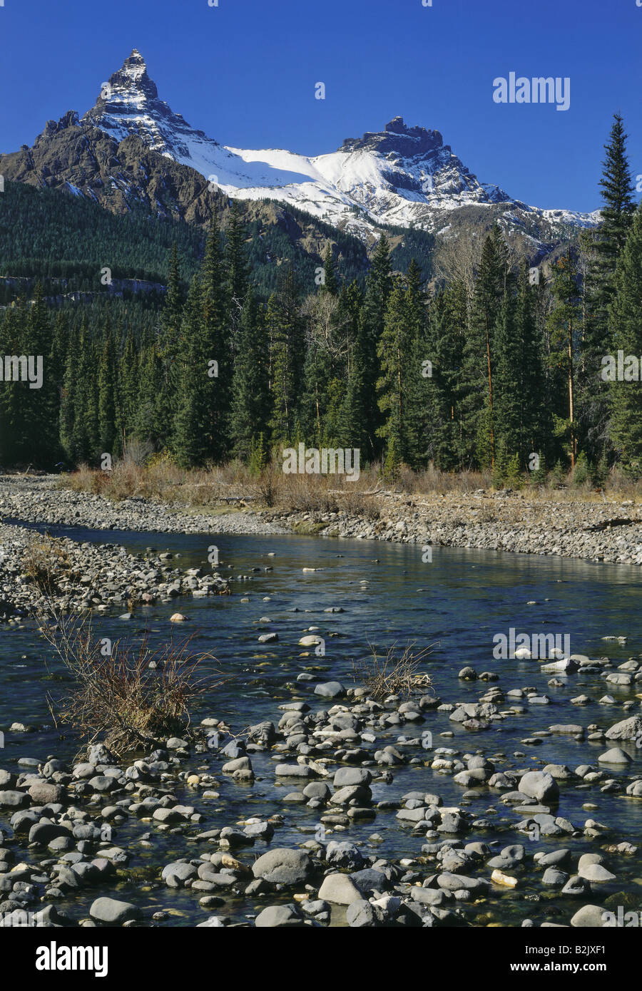 geography / travel, USA, Wyoming, landscapes, Clarks Fork Yellowstone River, Absaroka Range with Pilot Peak and Sunlight Peaks, Additional-Rights-Clearance-Info-Not-Available Stock Photo
