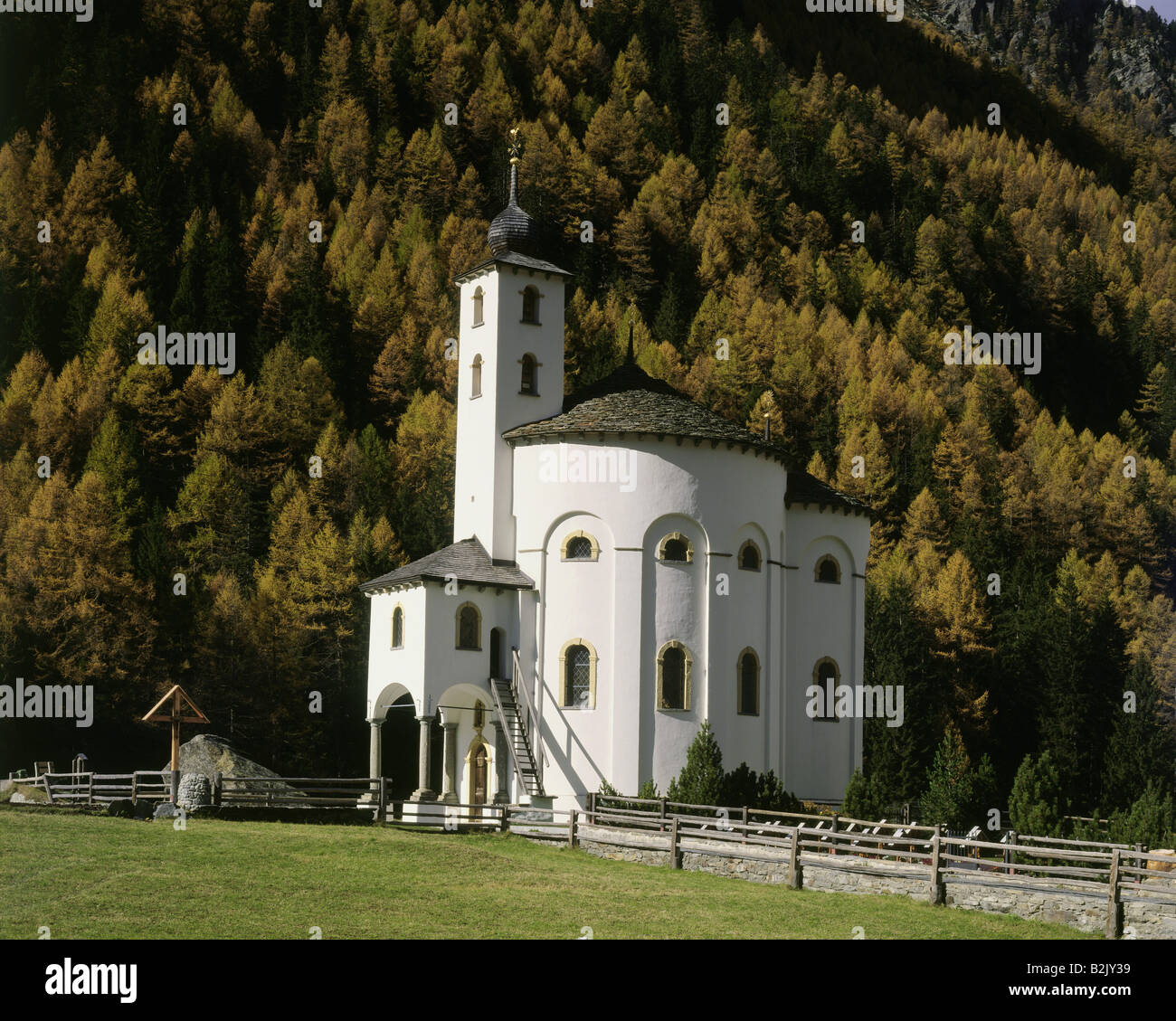 geography / travel, Switzerland, Valais, Saas-Balen, churches, Round Church Mariä Himmelfahrt, built 1809, exterior view, Additional-Rights-Clearance-Info-Not-Available Stock Photo