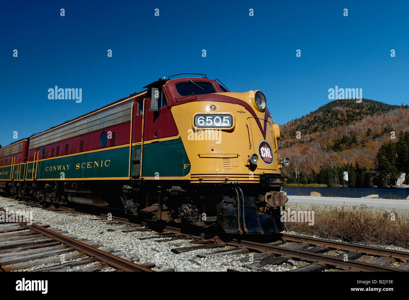 Diesel Electric Locomotive of the Conway Scenic Railroad at the Crawford Depot in the White Mountains of New Hampshire Stock Photo