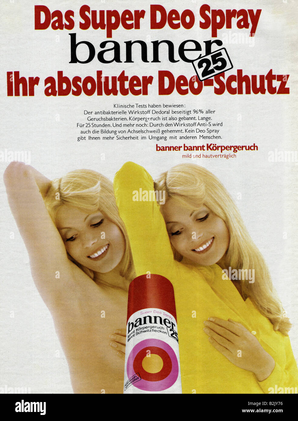 advertising, cosmetics, Deo Spray banner25, advertisement, 1970s, Stock Photo