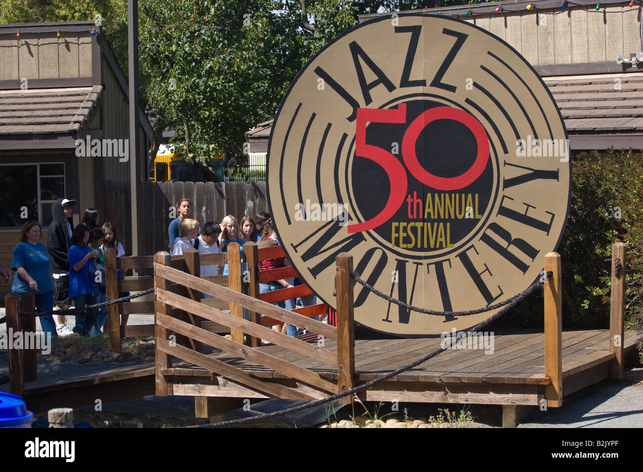 Sign for the 50th annual MONTEREY JAZZ FESTIVAL at the fairgrounds where the event is held MONTEREY CALIFORNIA Stock Photo