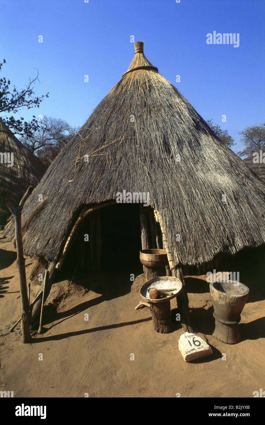 architecture, buildings, residential houses, Traditional Village with replica of a rotunda hut, Vic Falls, Zimbabwe, Additional-Rights-Clearance-Info-Not-Available Stock Photo