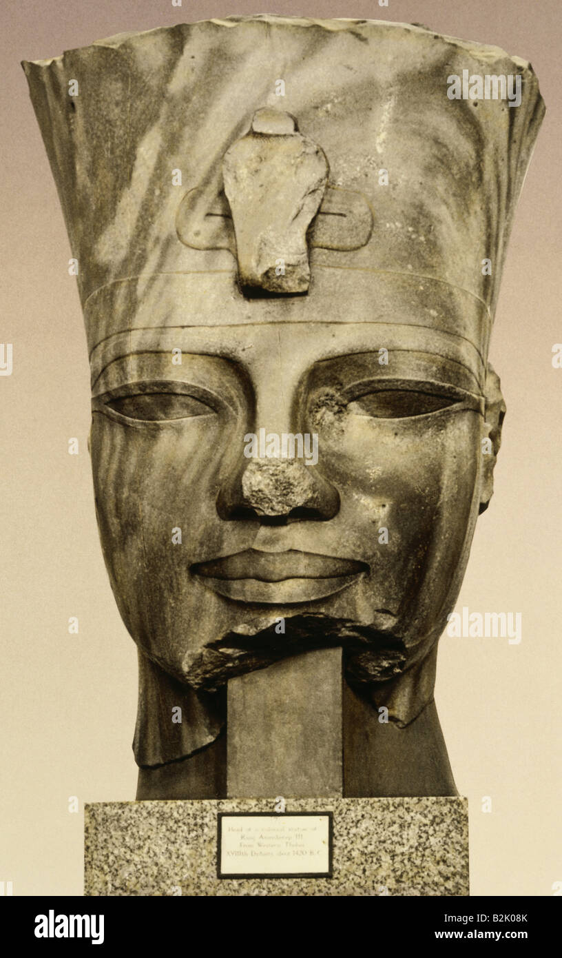 Amenhotep III, King of Egypt circa 1402 - 1364 BC (18th dynasty), portrait, head of a colossal statue, quarzite, Western Thebes, British Museum, London, , Stock Photo