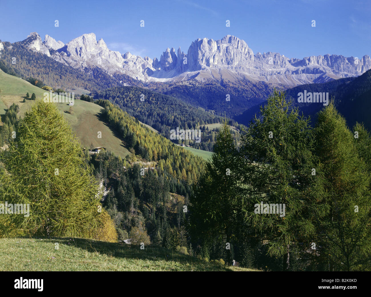 geography / travel, Italy, South Tyrol, landscapes, Dolomites, Catinaccio group (2981 m), view from Tires Valley, Additional-Rights-Clearance-Info-Not-Available Stock Photo