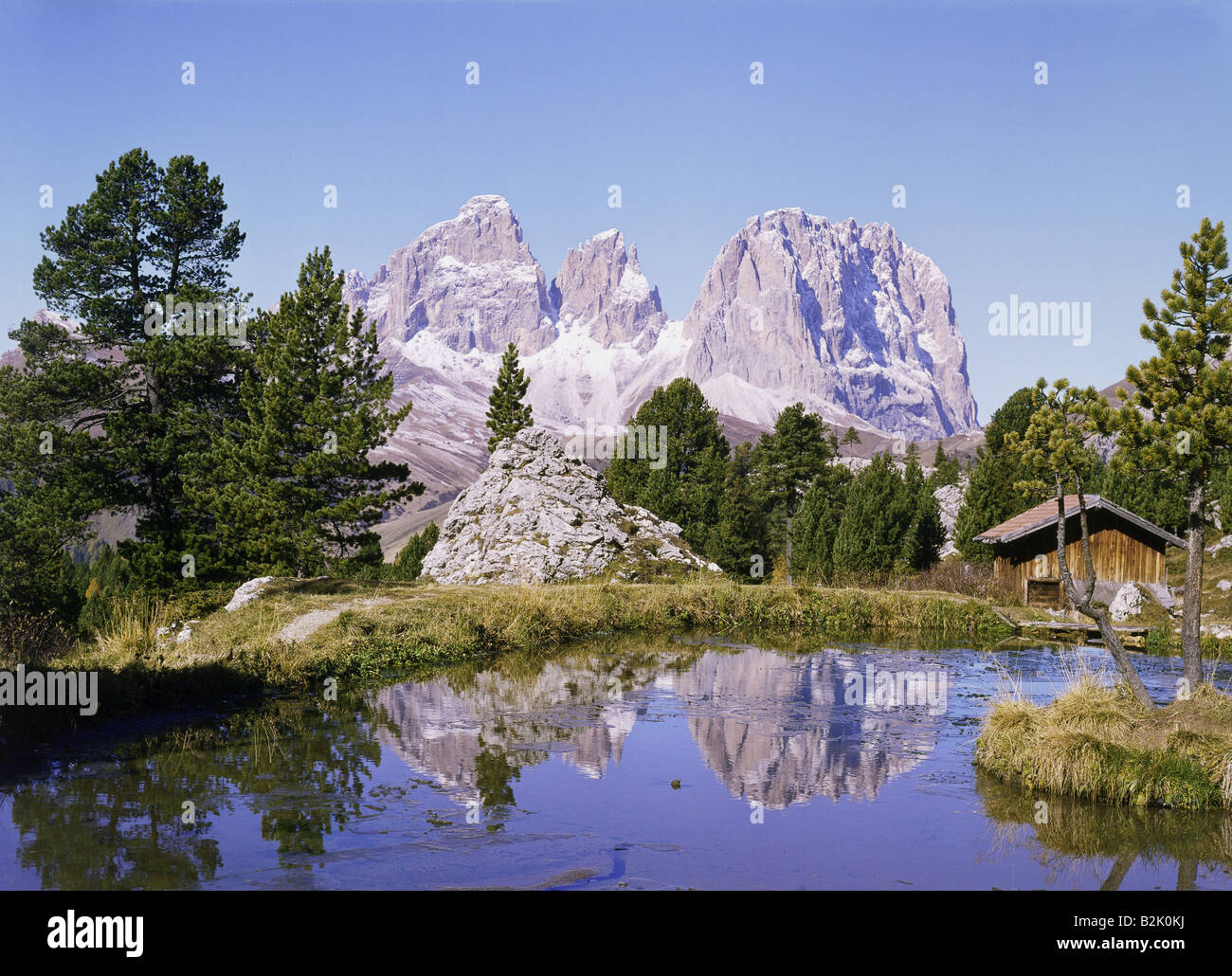 geography / travel, Italy, Trentino, landscapes, Dolomites, Pordoi Pass with lake, Grohmann and Langkofel East Face, Additional-Rights-Clearance-Info-Not-Available Stock Photo