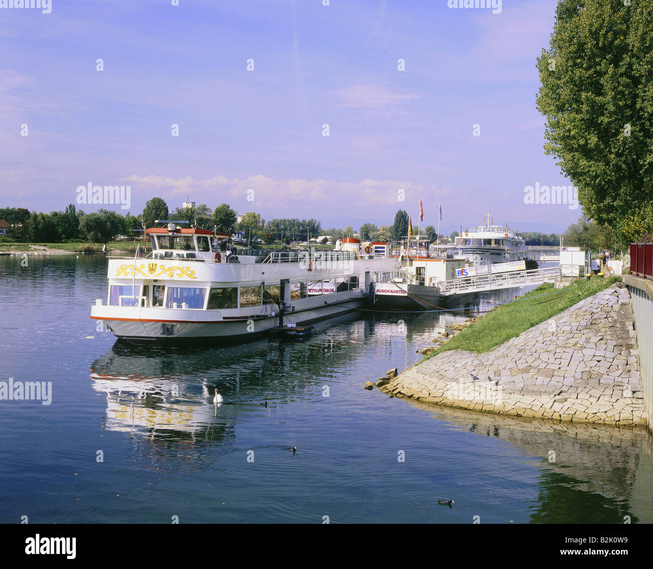 transport / transportation, navigation, tourist ship on the Rhine River near Kaiserstuhl, Breisach, Germany, Baden-Wuerttemberg, Freiburg, city views / cityscapes, Additional-Rights-Clearance-Info-Not-Available Stock Photo