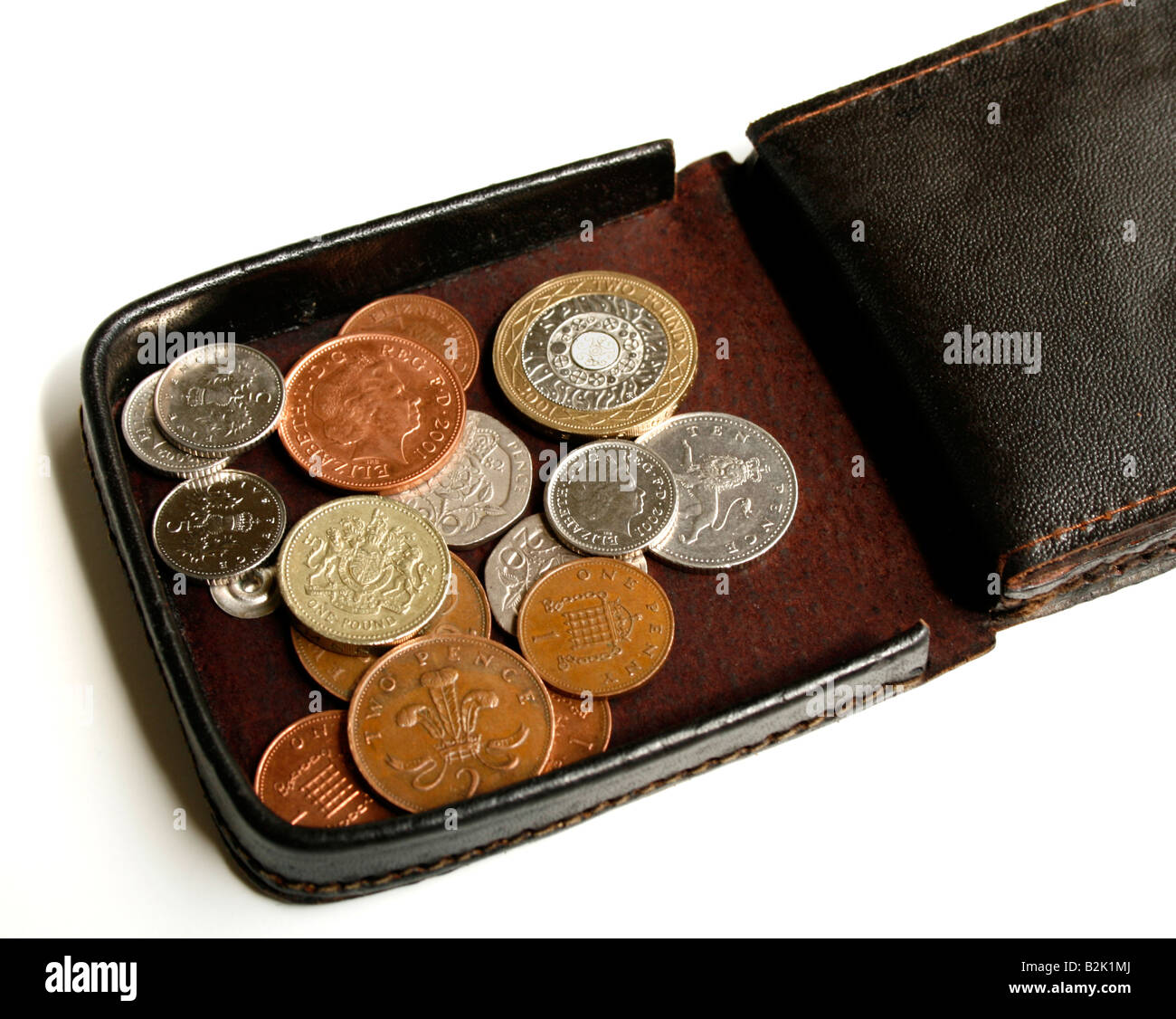 UK Coins in an open purse / wallet - small change Stock Photo