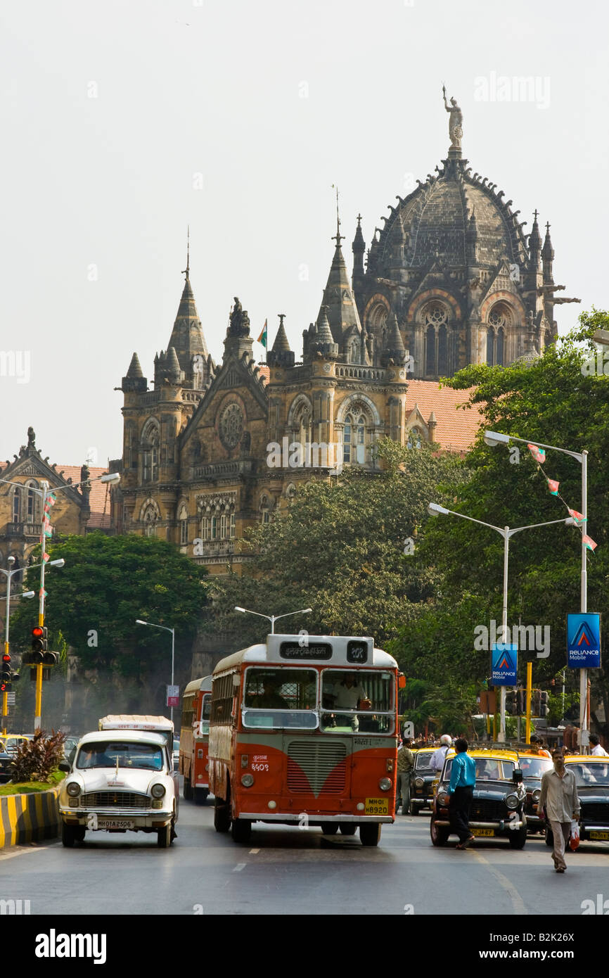 Street Scene in front of Chhatrapati Shivaji Train Station in Mumbai India Stock Photo