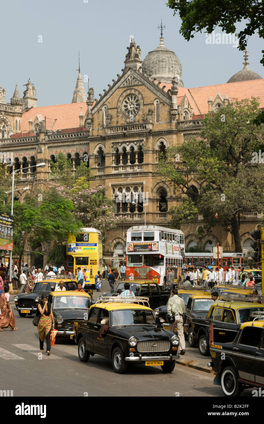 Street Scene in front of Chhatrapati Shivaji Train Station in Mumbai India Stock Photo