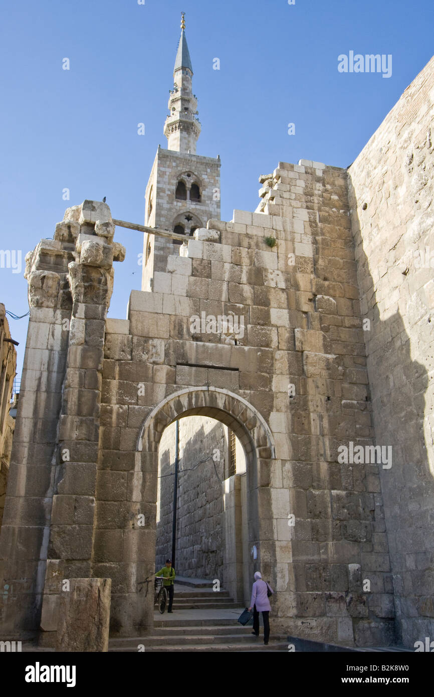 Roman Arch and Minaret at the Umayyad Mosque in Damascus Syria Stock Photo