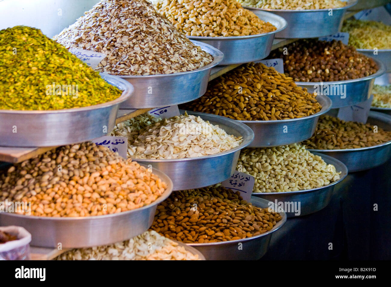 Variety of Dried Nuts at a Vendor in the Old City in Damascus Syria Stock Photo
