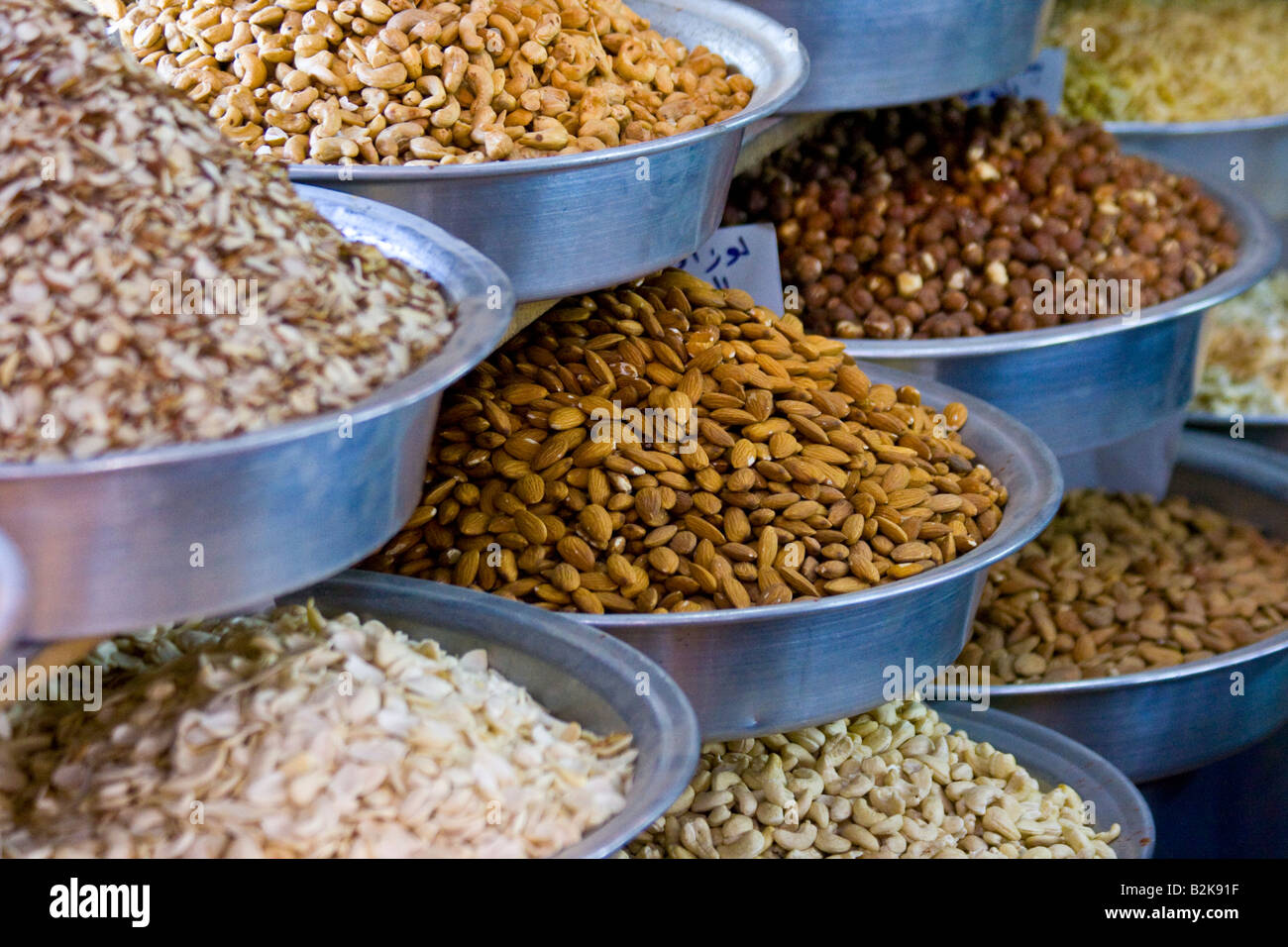 Variety of Dried Nuts at a Vendor in the Old City in Damascus Syria Stock Photo