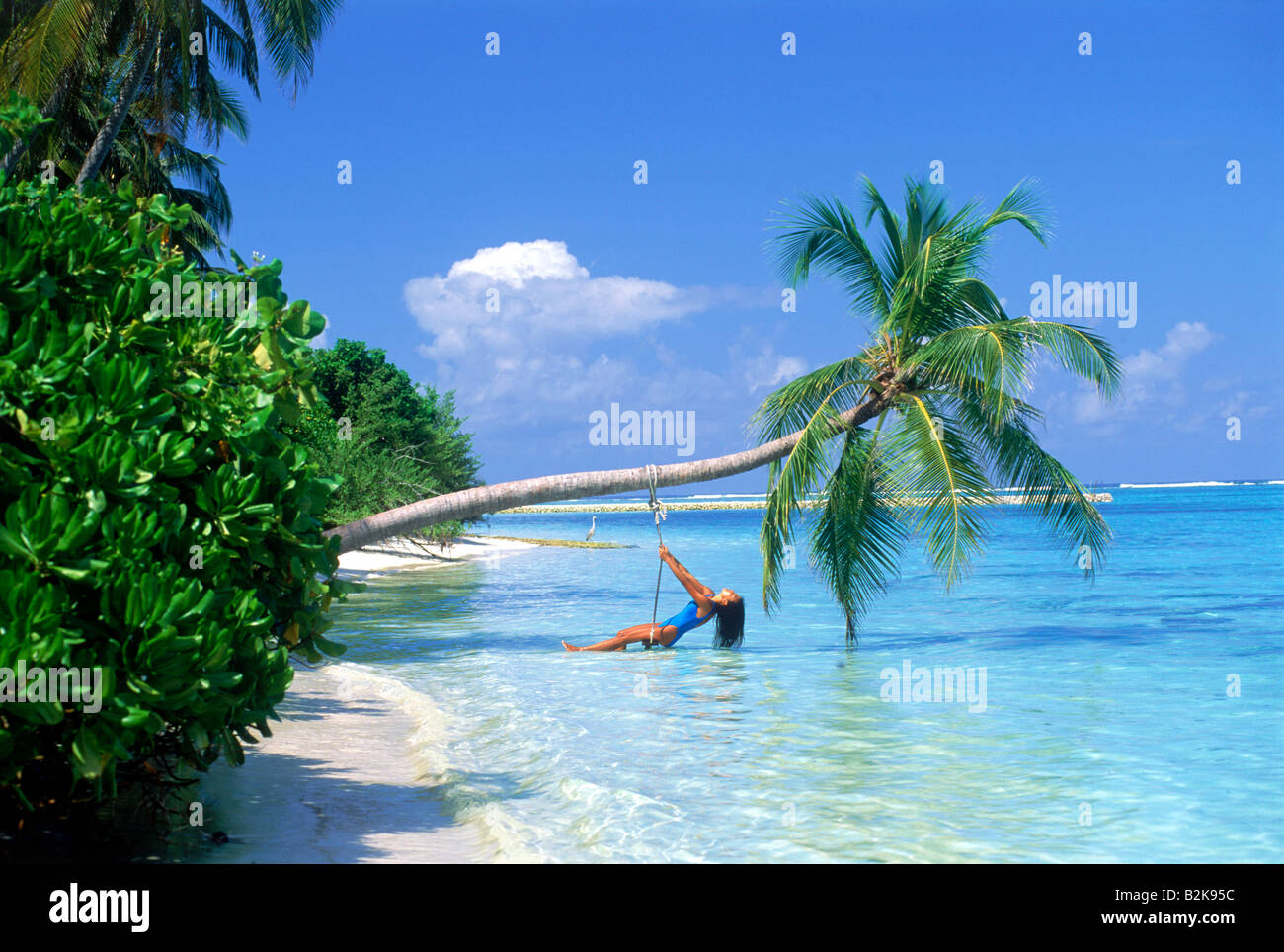 Woman chilling out in swing hanging from palm tree on tropical island holiday Stock Photo