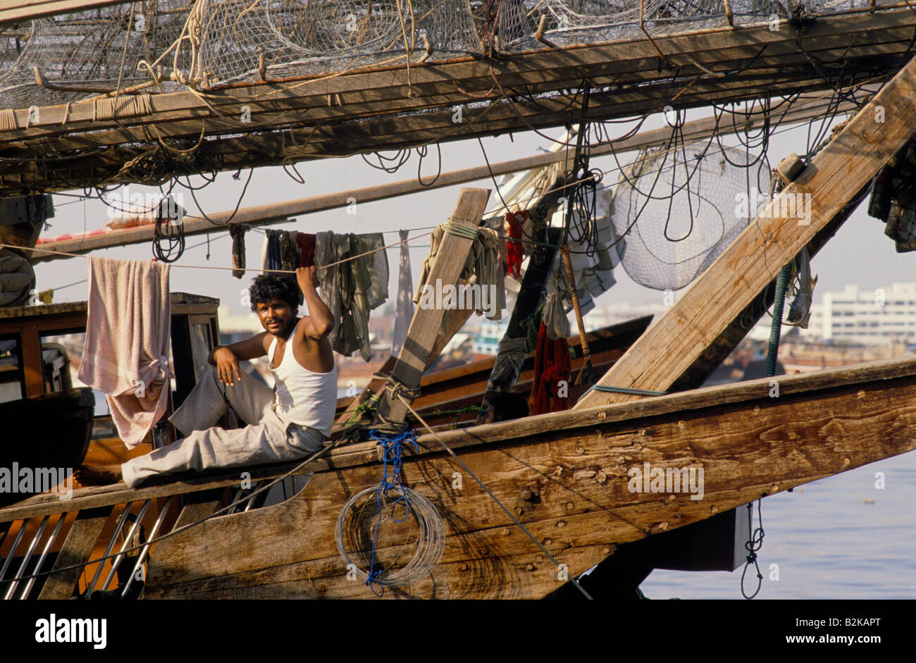 middle eastern fisherman aboard boat Stock Photo