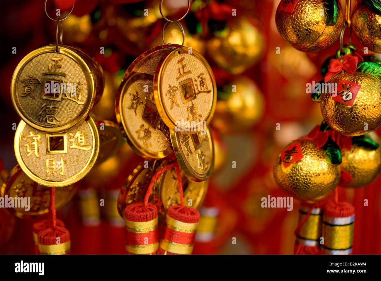 Chinese Trinkets, Good Luck Charms, China Town, Singapore, Red and Gold, Coins Stock Photo