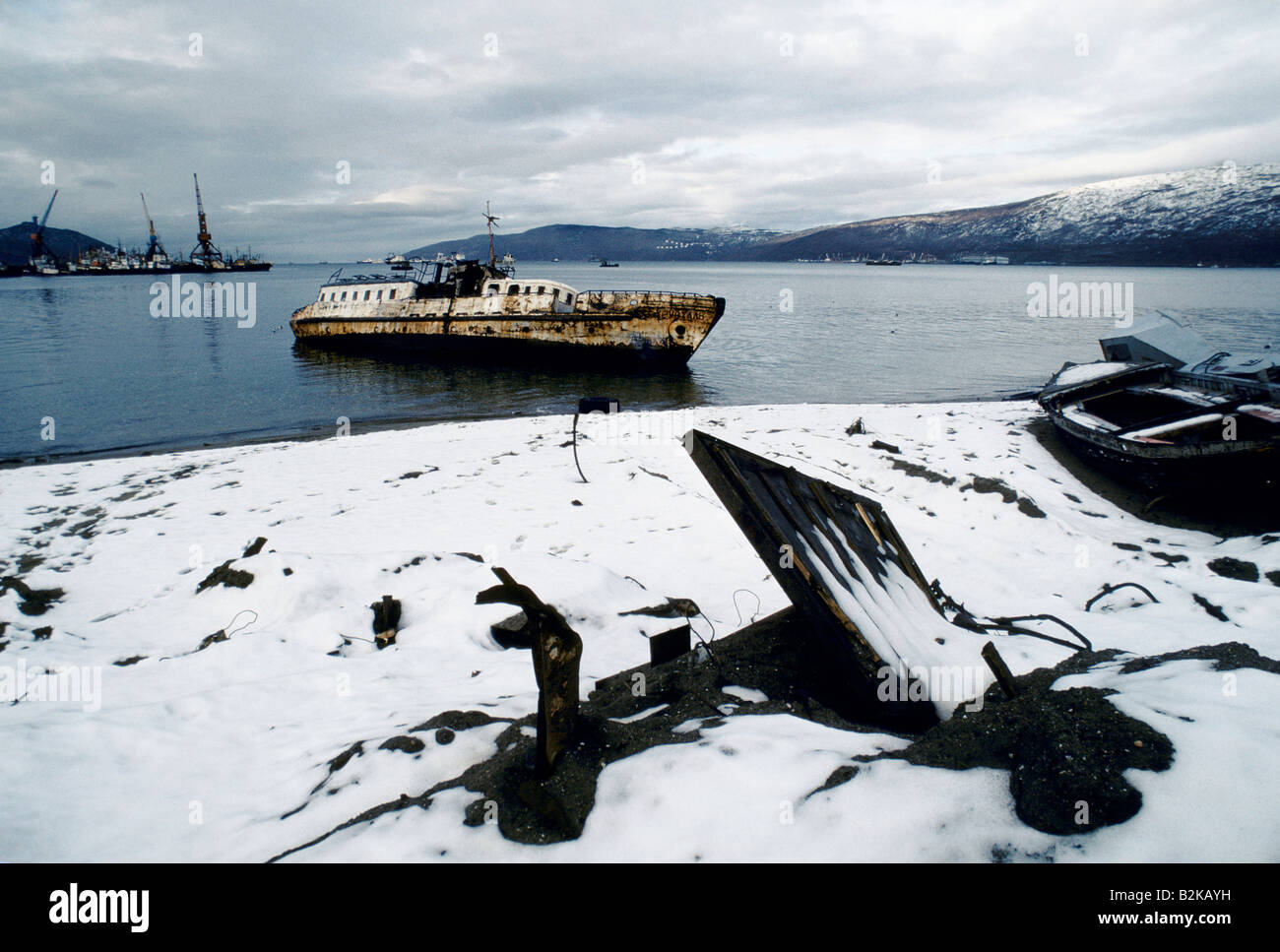 SIBERIAN PRISON CAMPS MAGADAN RUSTING HULK OF SHIP LIES OFFSHORE IN ...
