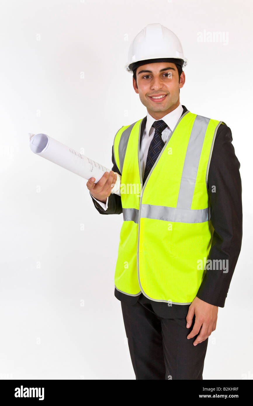 Architect man in hard hat high visibility jacket and holding plans