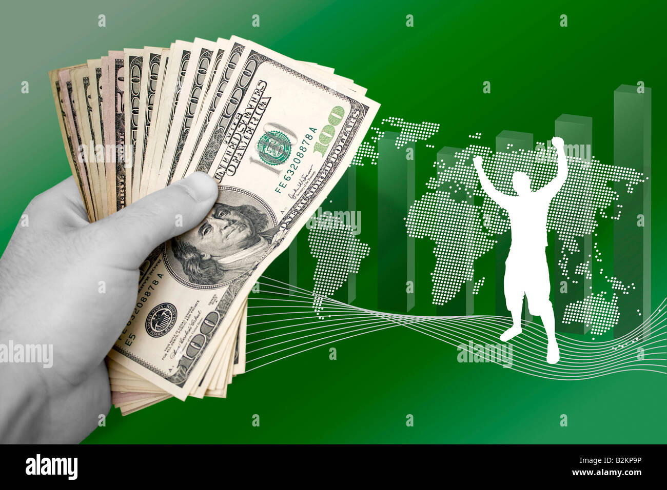 A montage about profit in world business A successful man throws his arms up in achievement Stock Photo