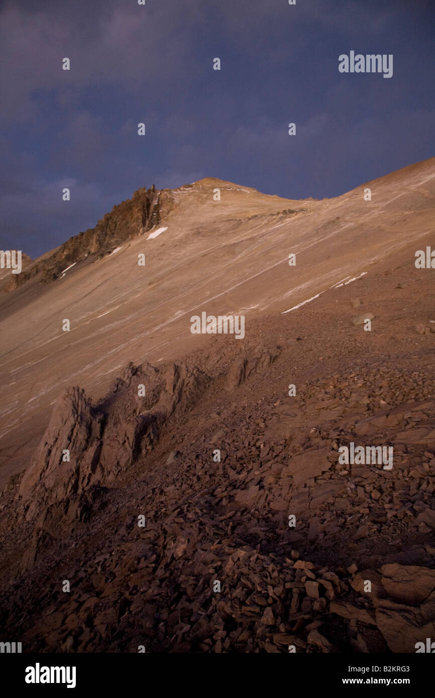 Dusk falls over the rocky slopes of Mt Aconcagua in Argentina Stock Photo