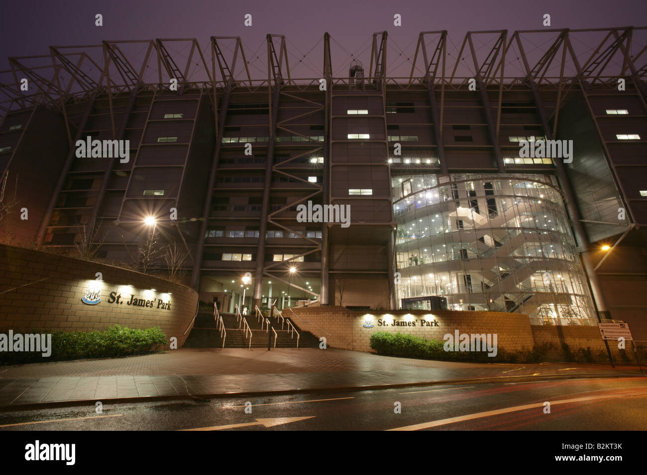 City of Newcastle, England. A night view of the Barrack Road entrance to Newcastle United Football Club ground, St James Park. Stock Photo