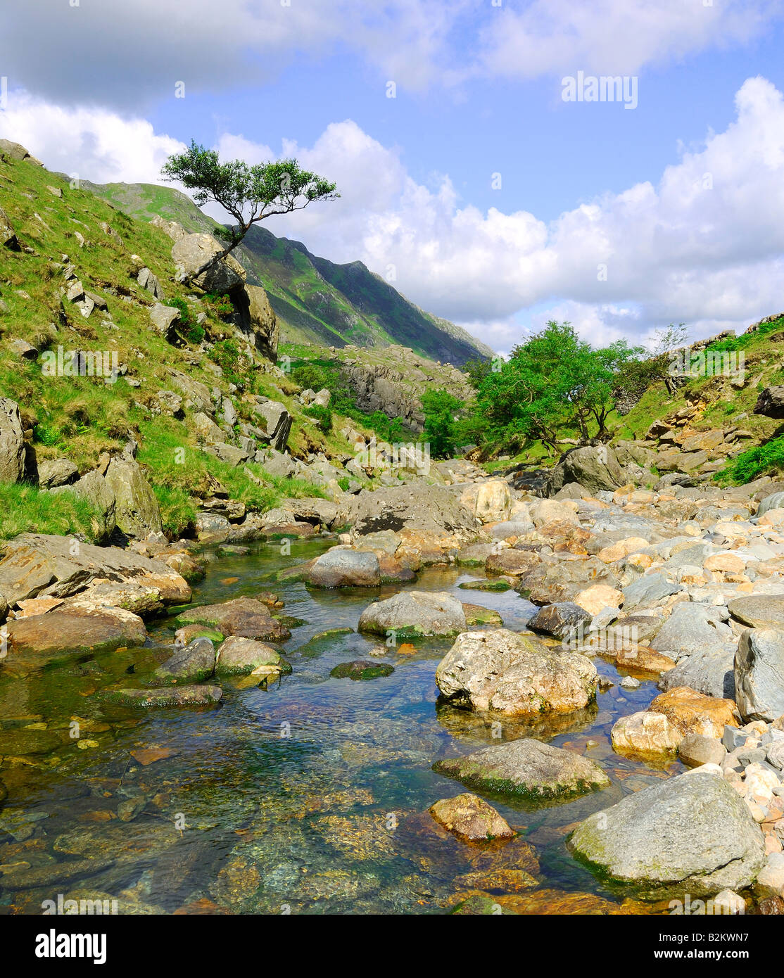 Afon Nant Peris River as it flows through Llanberis pass in Gwynedd North Wales between Snowdon mountain range and Y Glyderau Stock Photo