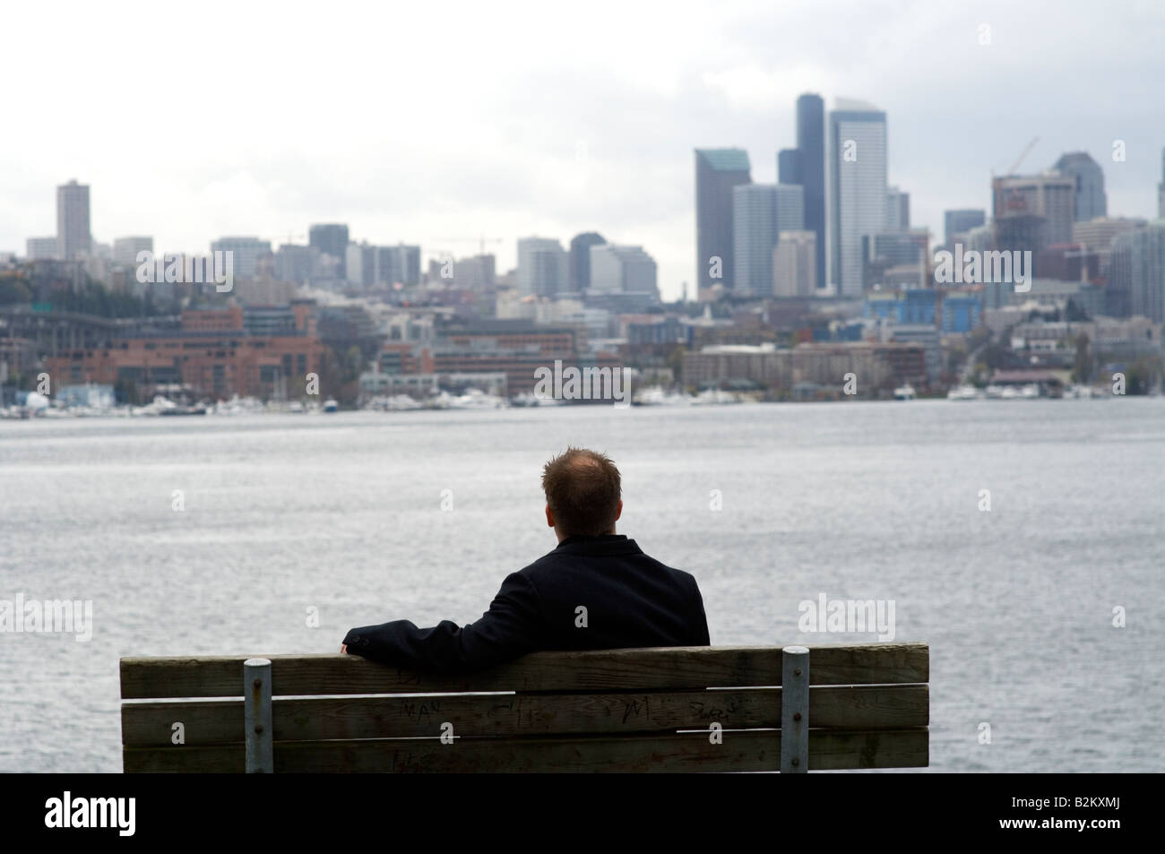 A man sitting on a bench, facing the Seattle sky line and Lake Washington. Stock Photo