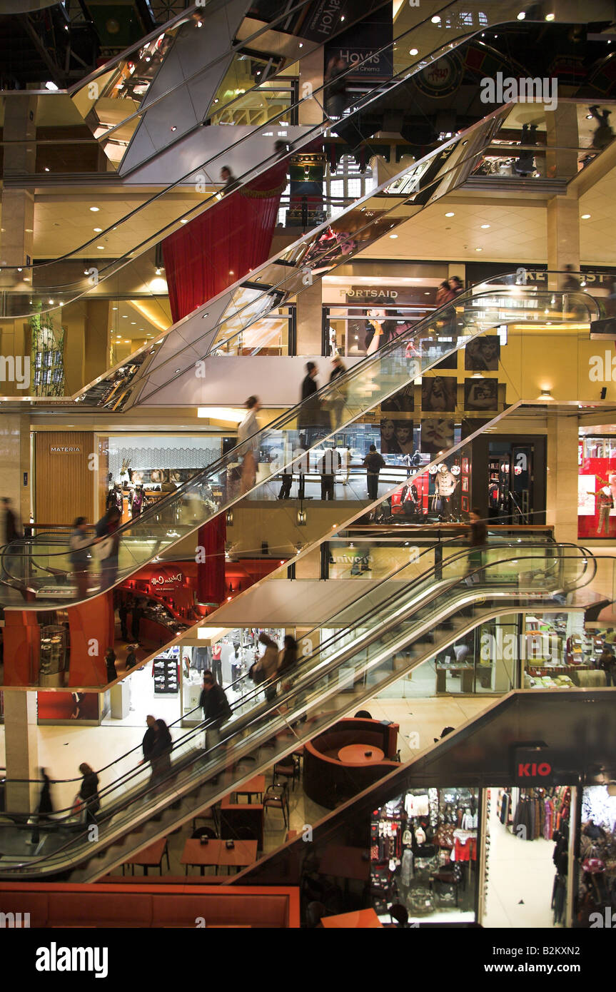 The shops and escalators in the Abasto shopping centre in Abasto in Buenos Aires, Argentina. Stock Photo