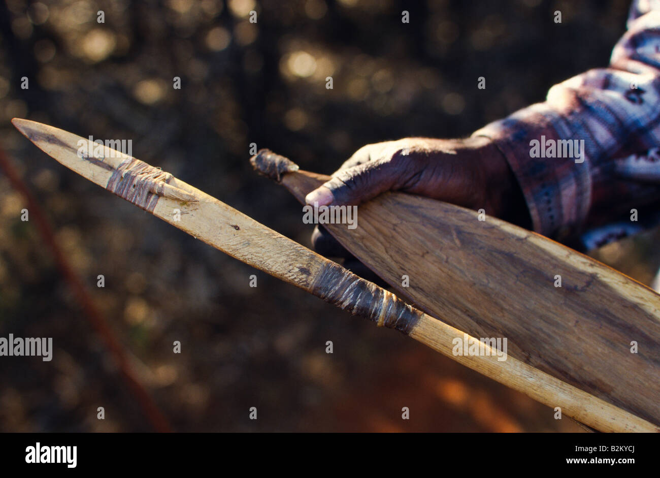 Aboriginal spear thrower and spear, outback Australia Stock Photo